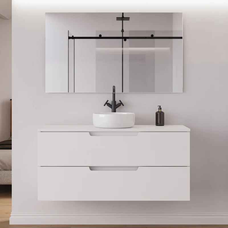 Meuble de salle de bain 120cm avec plateau et vasque à poser ronde - 2 tiroirs - sans miroir - SONRIZA