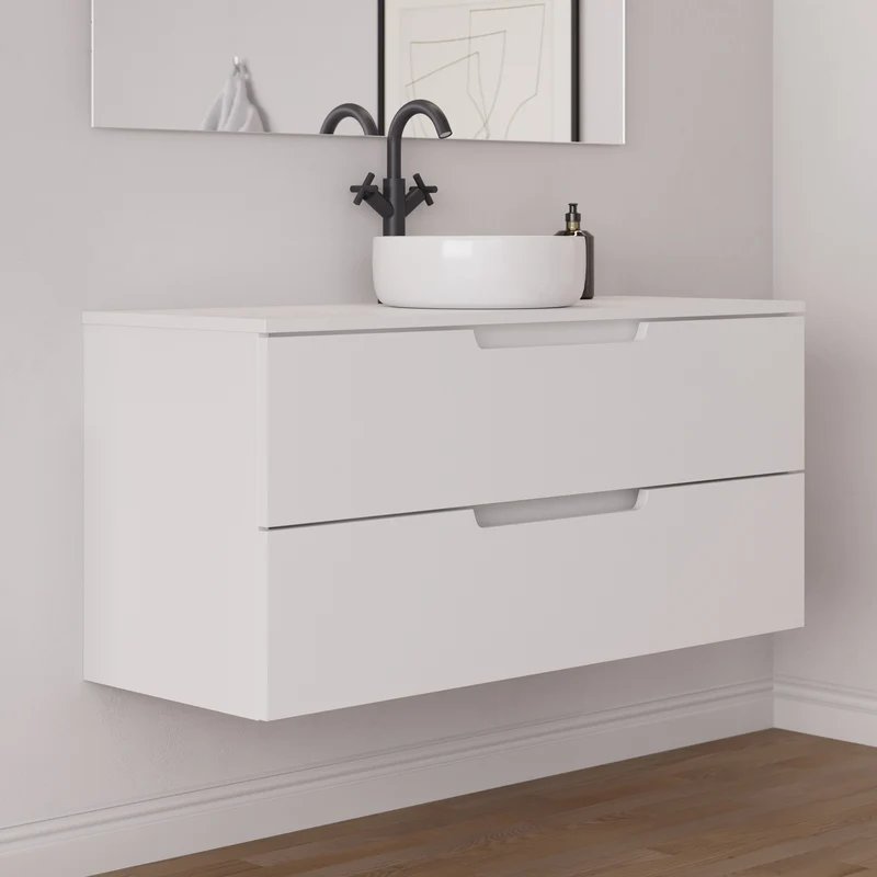 Meuble de salle de bain 120cm avec plateau et vasque à poser ronde - 2 tiroirs - sans miroir - SONRIZA