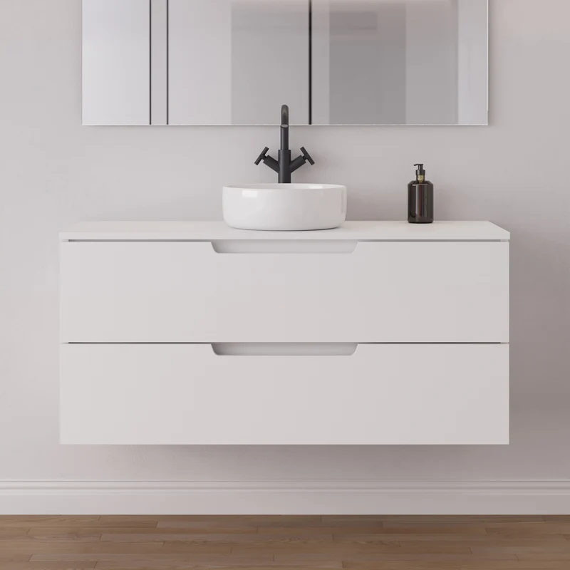 Meuble de salle de bain 120cm avec plateau et vasque à poser ronde - 2 tiroirs - sans miroir - SONRIZA
