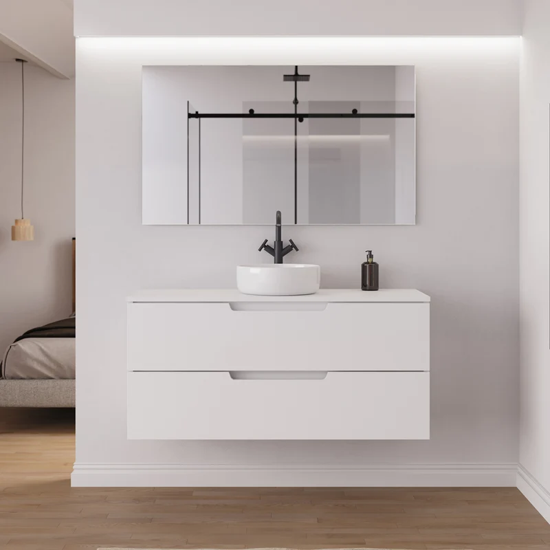 Meuble de salle de bain 120cm avec plateau et vasque à poser ronde - 2 tiroirs - sans miroir - SONRIZA
