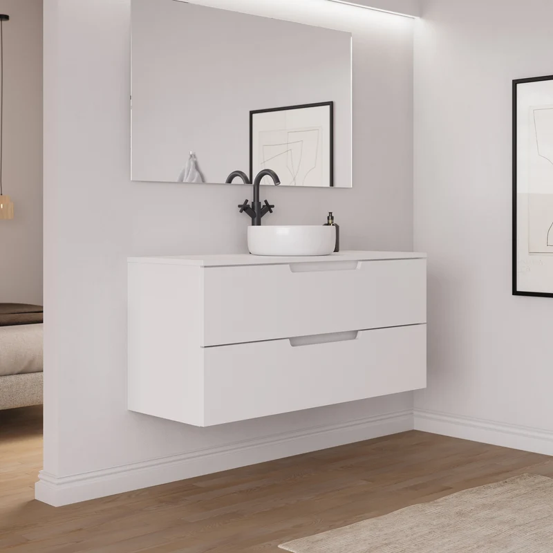 Meuble de salle de bain 120cm avec plateau et vasque à poser ronde - 2 tiroirs - sans miroir - SONRIZA