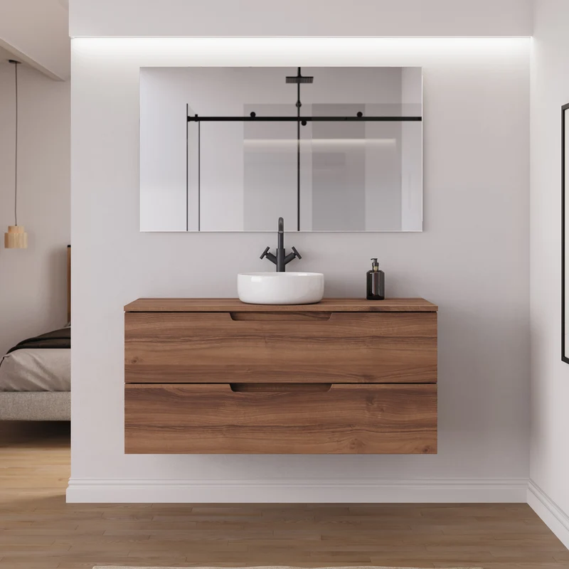 Meuble de salle de bain 120cm avec plateau et vasque à poser ronde - 2 tiroirs - sans miroir - SONRIZA
