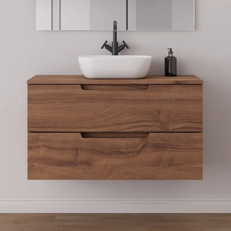 Meuble de salle de bain 100cm avec plateau et vasque à poser arrondie - 2 tiroirs - SONRIZA