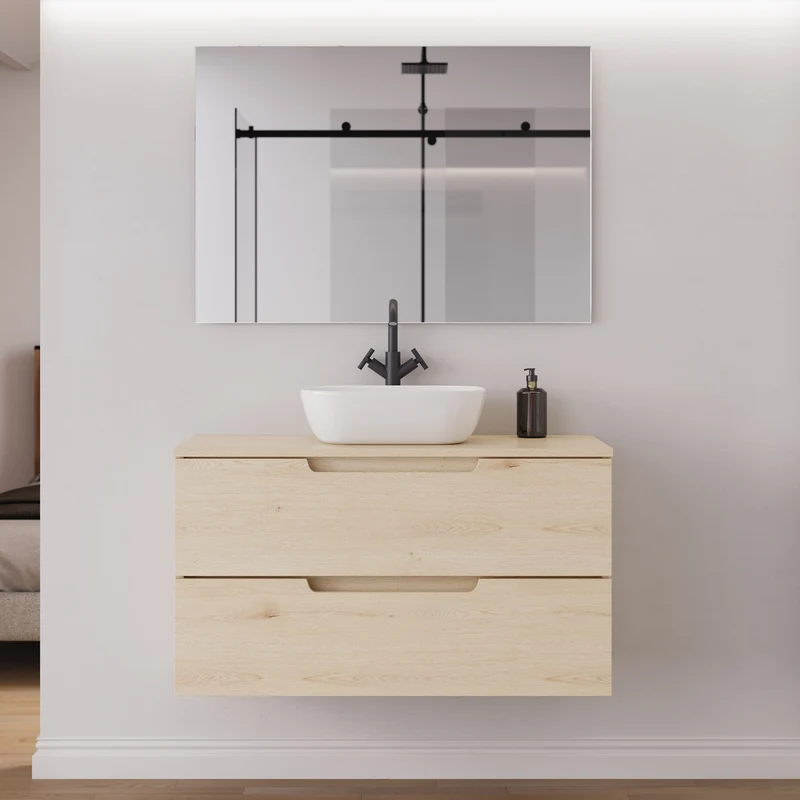 Meuble de salle de bain 100cm avec plateau et vasque à poser arrondie - 2 tiroirs - SONRIZA