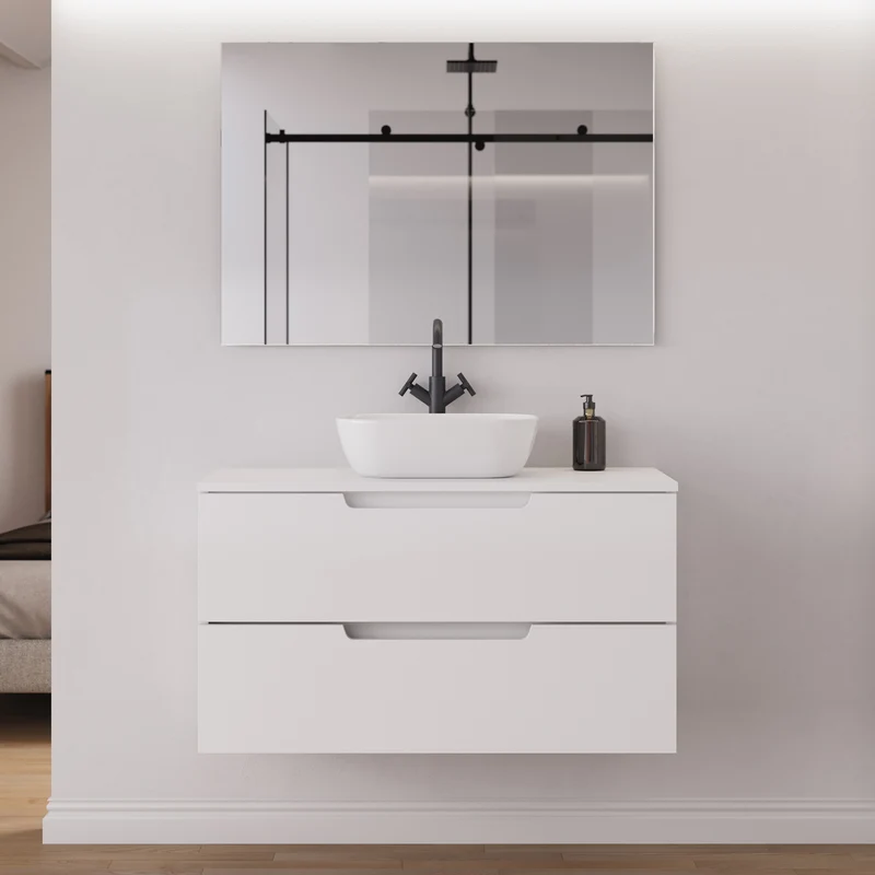 Meuble de salle de bain 100cm avec plateau et vasque à poser arrondie - 2 tiroirs - SONRIZA