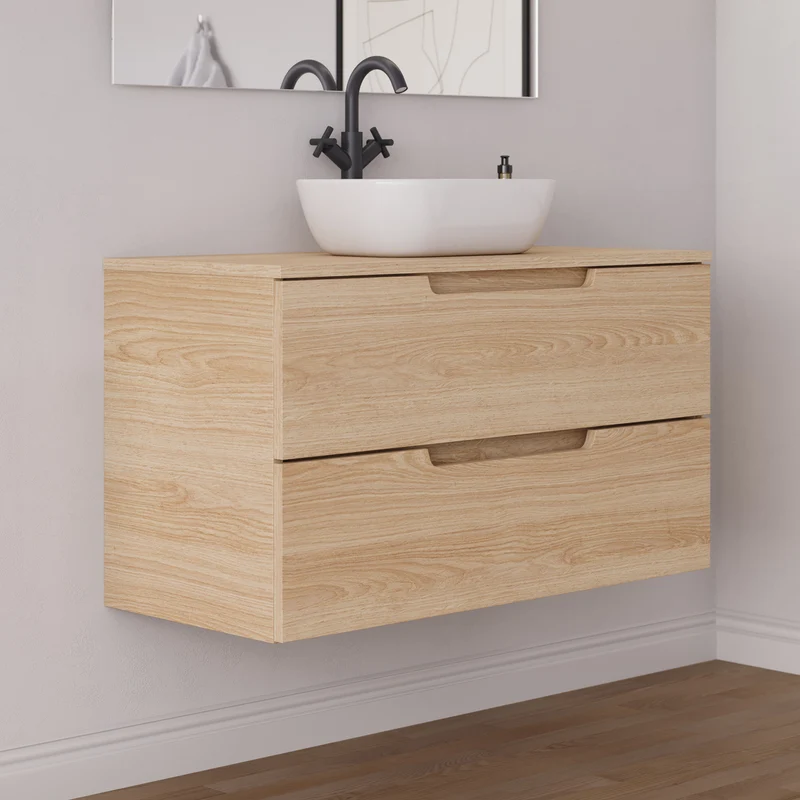 Meuble de salle de bain 100cm avec plateau et vasque à poser arrondie - 2 tiroirs - SONRIZA