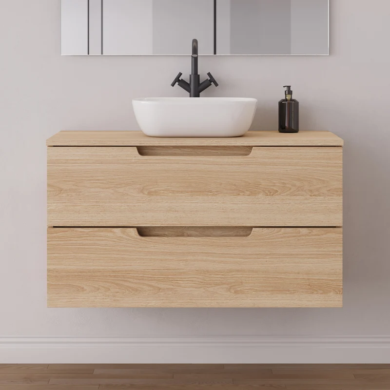 Meuble de salle de bain 100cm avec plateau et vasque à poser arrondie - 2 tiroirs - SONRIZA