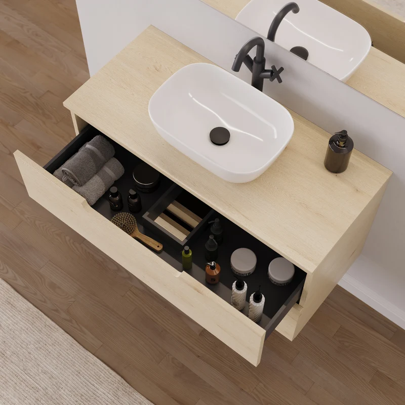 Meuble de salle de bain 100cm avec plateau et vasque à poser arrondie - 2 tiroirs - SONRIZA