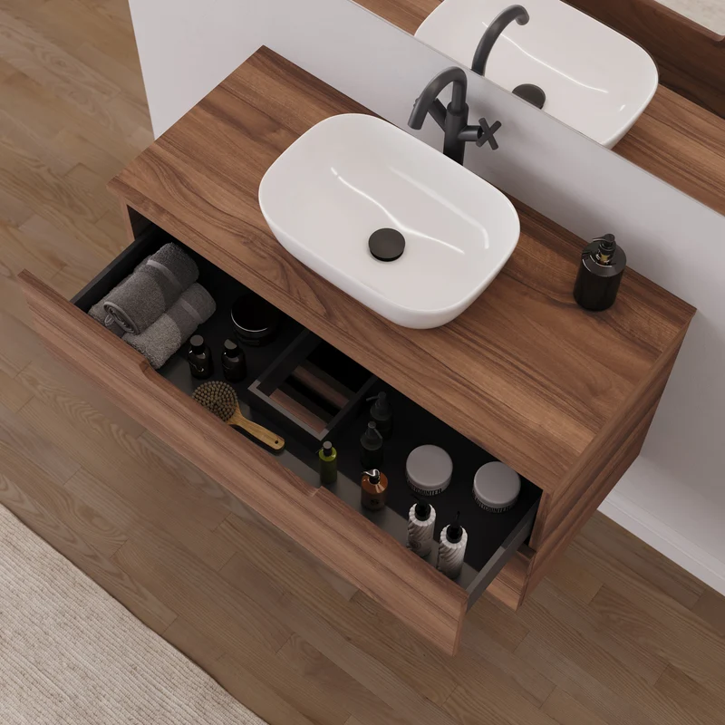 Meuble de salle de bain 100cm avec plateau et vasque à poser arrondie - 2 tiroirs - SONRIZA