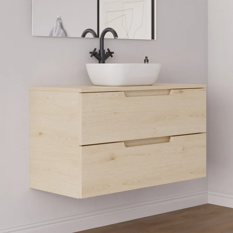 Meuble de salle de bain 100cm avec plateau et vasque à poser arrondie - 2 tiroirs - SONRIZA