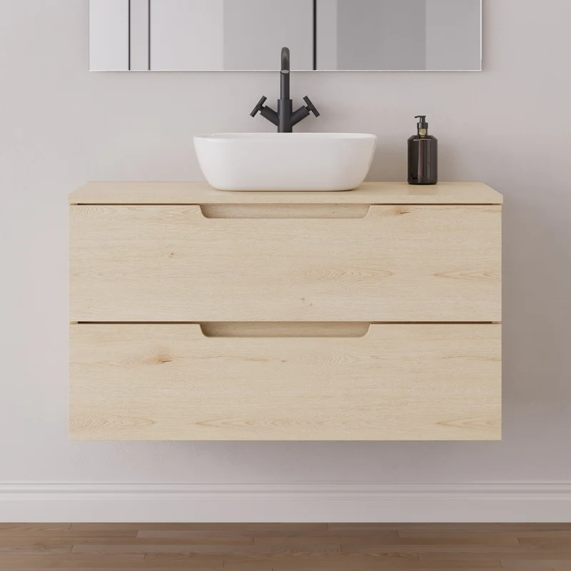 Meuble de salle de bain 100cm avec plateau et vasque à poser arrondie - 2 tiroirs - SONRIZA