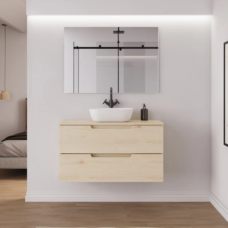 Meuble de salle de bain 100cm avec plateau et vasque à poser arrondie - 2 tiroirs - SONRIZA