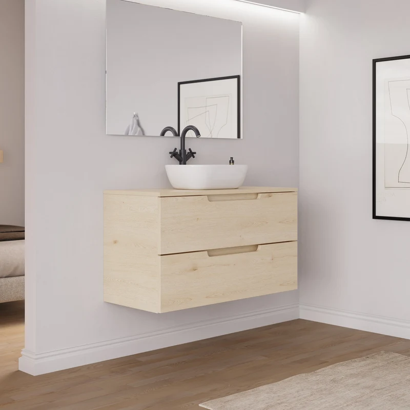 Meuble de salle de bain 100cm avec plateau et vasque à poser arrondie - 2 tiroirs - SONRIZA