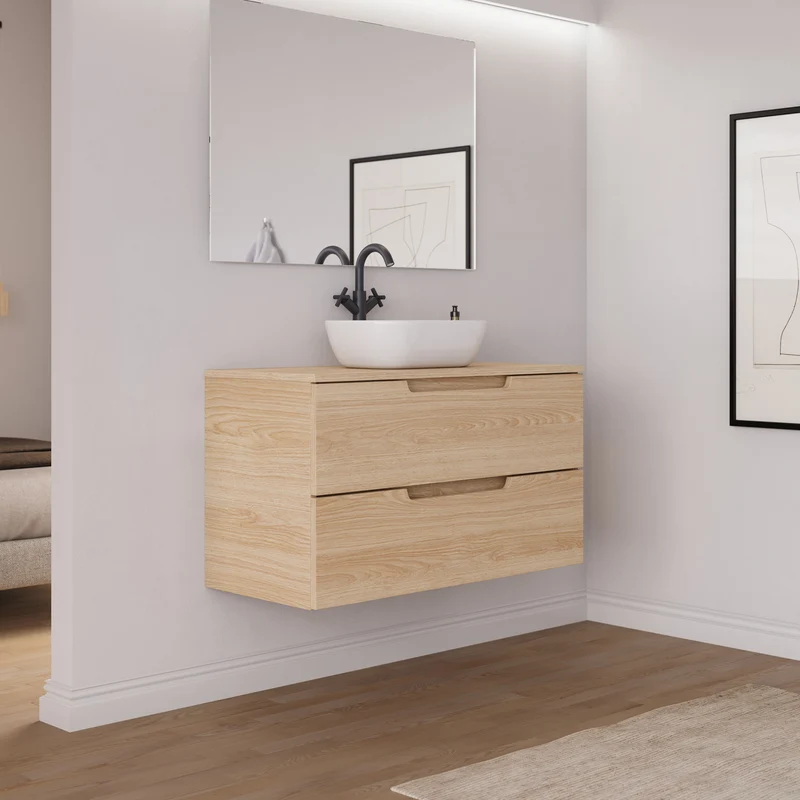 Meuble de salle de bain 100cm avec plateau et vasque à poser arrondie - 2 tiroirs - SONRIZA