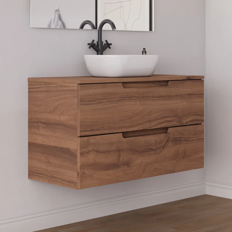 Meuble de salle de bain 100cm avec plateau et vasque à poser arrondie - 2 tiroirs - SONRIZA