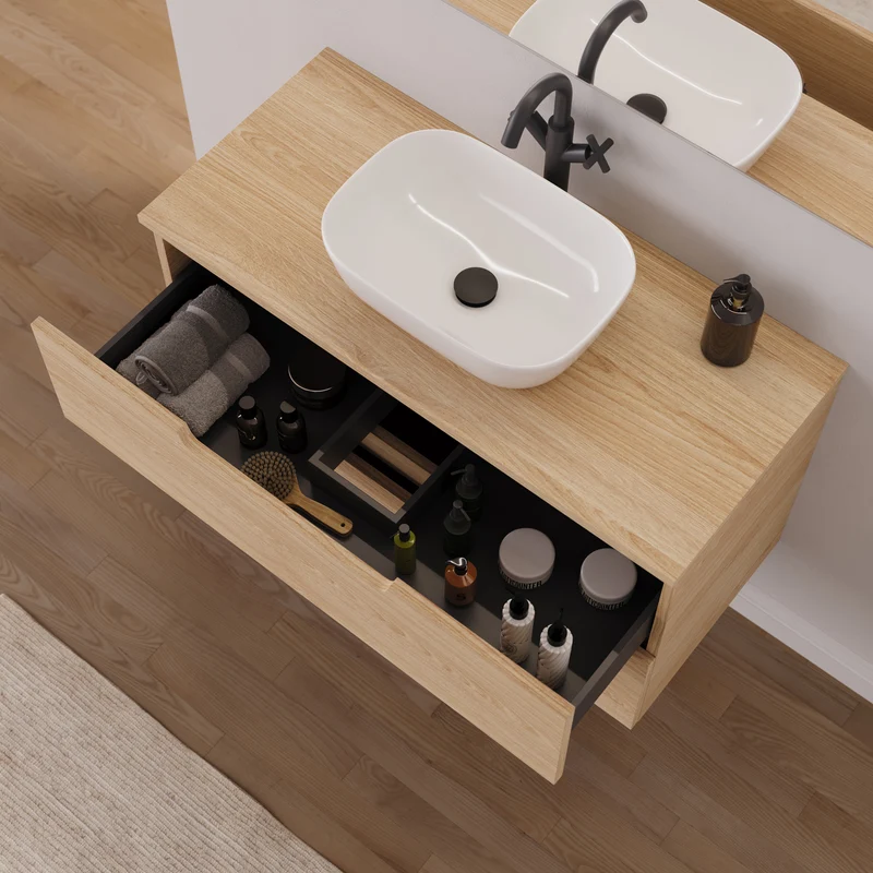 Meuble de salle de bain 100cm avec plateau et vasque à poser arrondie - 2 tiroirs - SONRIZA