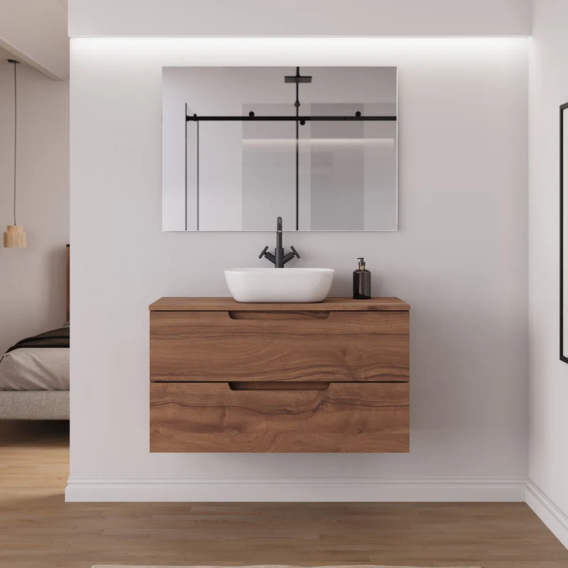 Meuble de salle de bain 100cm avec plateau et vasque à poser arrondie - 2 tiroirs - SONRIZA