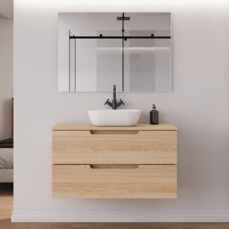Meuble de salle de bain 100cm avec plateau et vasque à poser arrondie - 2 tiroirs - SONRIZA