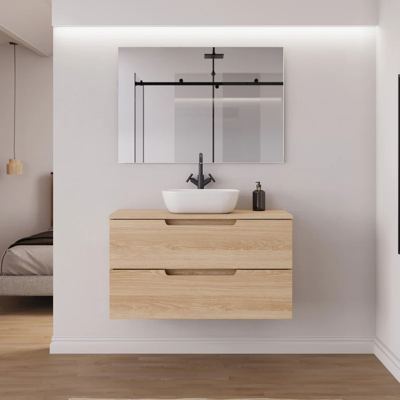 Meuble de salle de bain 100cm avec plateau et vasque à poser arrondie - 2 tiroirs - SONRIZA