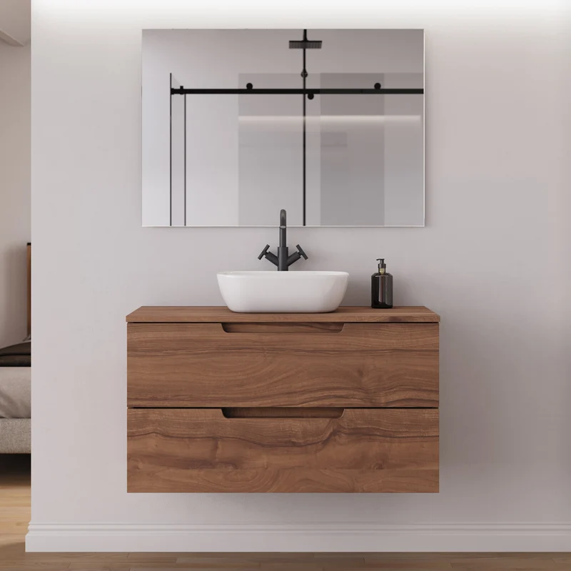 Meuble de salle de bain 100cm avec plateau et vasque à poser arrondie - 2 tiroirs - SONRIZA