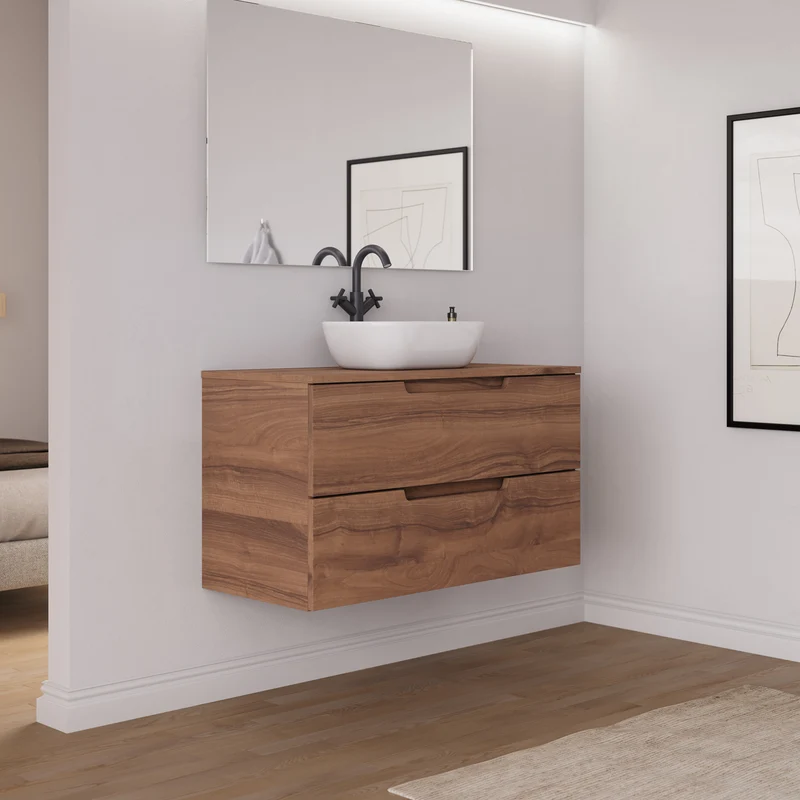 Meuble de salle de bain 100cm avec plateau et vasque à poser arrondie - 2 tiroirs - SONRIZA