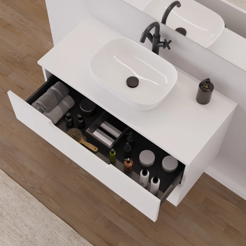 Meuble de salle de bain 100cm avec plateau et vasque à poser arrondie - 2 tiroirs - SONRIZA