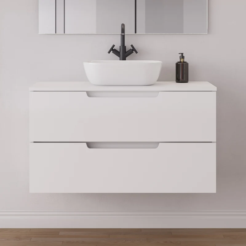 Meuble de salle de bain 100cm avec plateau et vasque à poser arrondie - 2 tiroirs - SONRIZA
