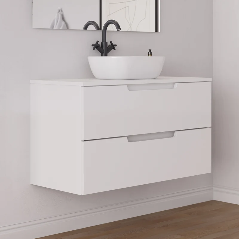 Meuble de salle de bain 100cm avec plateau et vasque à poser arrondie - 2 tiroirs - SONRIZA