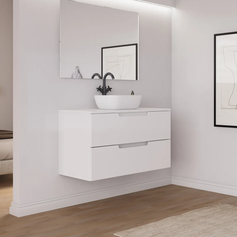 Meuble de salle de bain 100cm avec plateau et vasque à poser arrondie - 2 tiroirs - SONRIZA