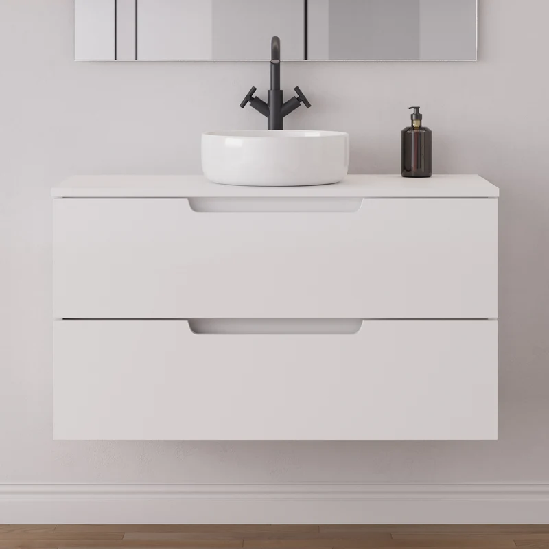 Meuble de salle de bain 90cm avec plateau et vasque à poser ronde - 2 tiroirs - SONRIZA