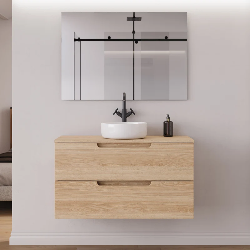 Meuble de salle de bain 90cm avec plateau et vasque à poser ronde - 2 tiroirs - SONRIZA