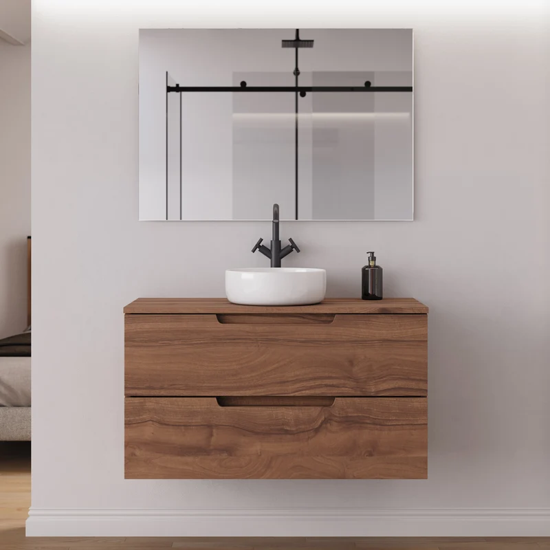 Meuble de salle de bain 90cm avec plateau et vasque à poser ronde - 2 tiroirs - SONRIZA