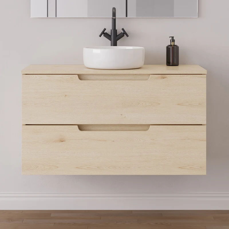 Meuble de salle de bain 90cm avec plateau et vasque à poser ronde - 2 tiroirs - SONRIZA