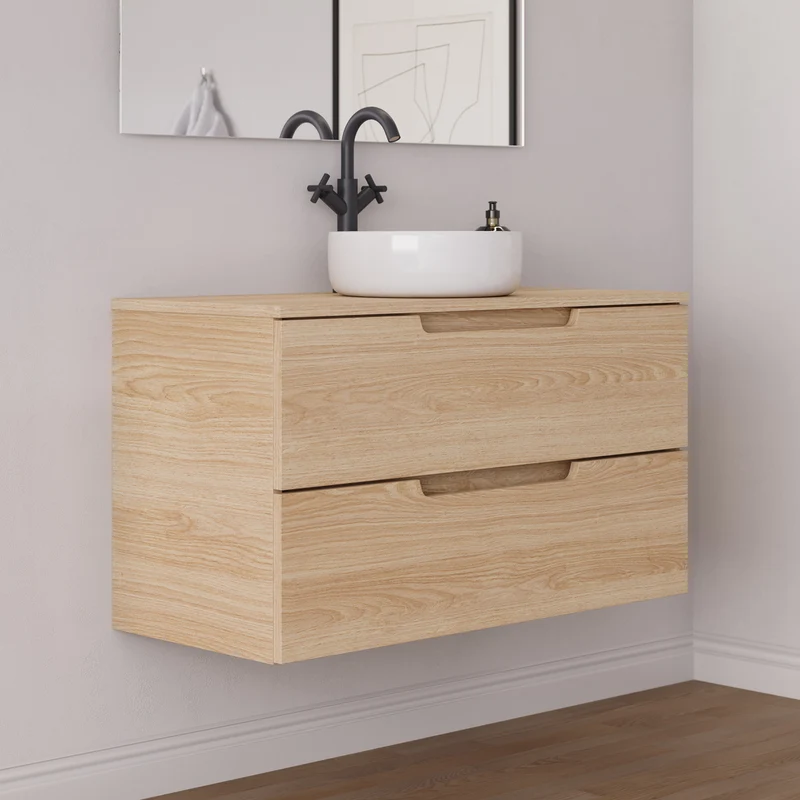 Meuble de salle de bain 90cm avec plateau et vasque à poser ronde - 2 tiroirs - SONRIZA