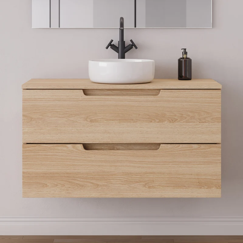 Meuble de salle de bain 90cm avec plateau et vasque à poser ronde - 2 tiroirs - SONRIZA