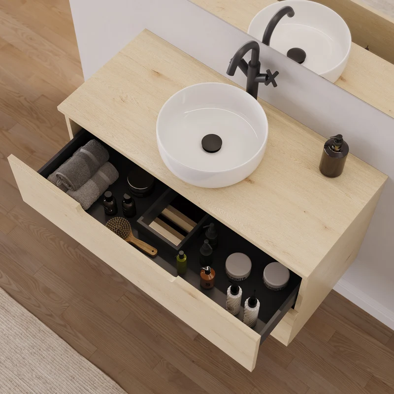 Meuble de salle de bain 90cm avec plateau et vasque à poser ronde - 2 tiroirs - SONRIZA