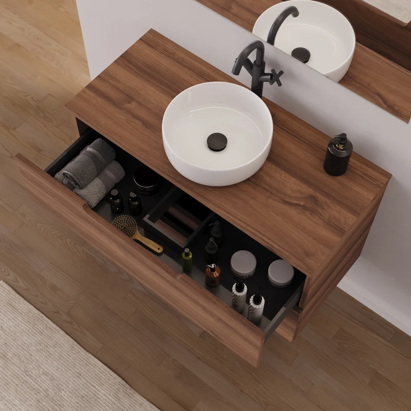 Meuble de salle de bain 90cm avec plateau et vasque à poser ronde - 2 tiroirs - SONRIZA