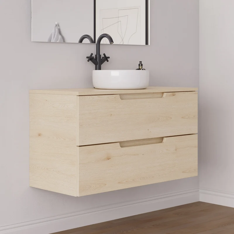 Meuble de salle de bain 90cm avec plateau et vasque à poser ronde - 2 tiroirs - SONRIZA