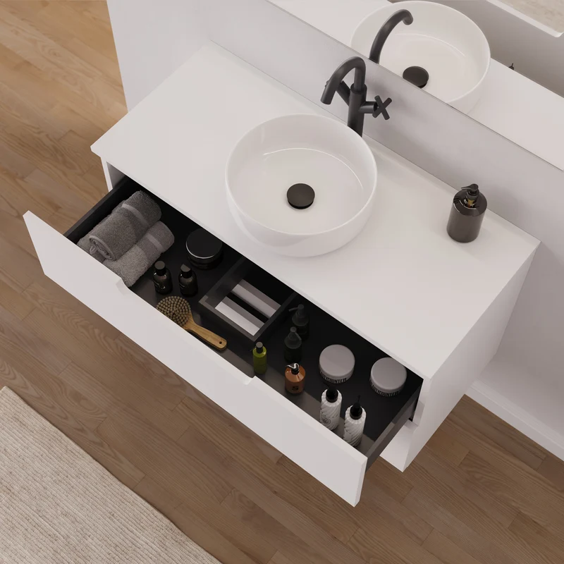 Meuble de salle de bain 90cm avec plateau et vasque à poser ronde - 2 tiroirs - SONRIZA