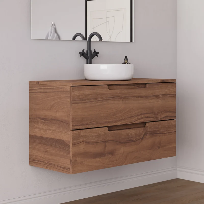 Meuble de salle de bain 90cm avec plateau et vasque à poser ronde - 2 tiroirs - SONRIZA
