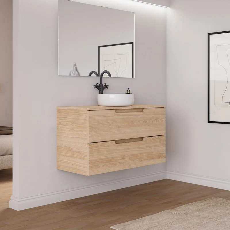Meuble de salle de bain 90cm avec plateau et vasque à poser ronde - 2 tiroirs - SONRIZA