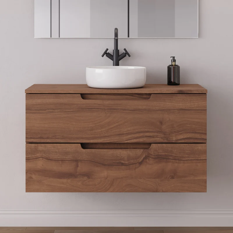 Meuble de salle de bain 90cm avec plateau et vasque à poser ronde - 2 tiroirs - SONRIZA