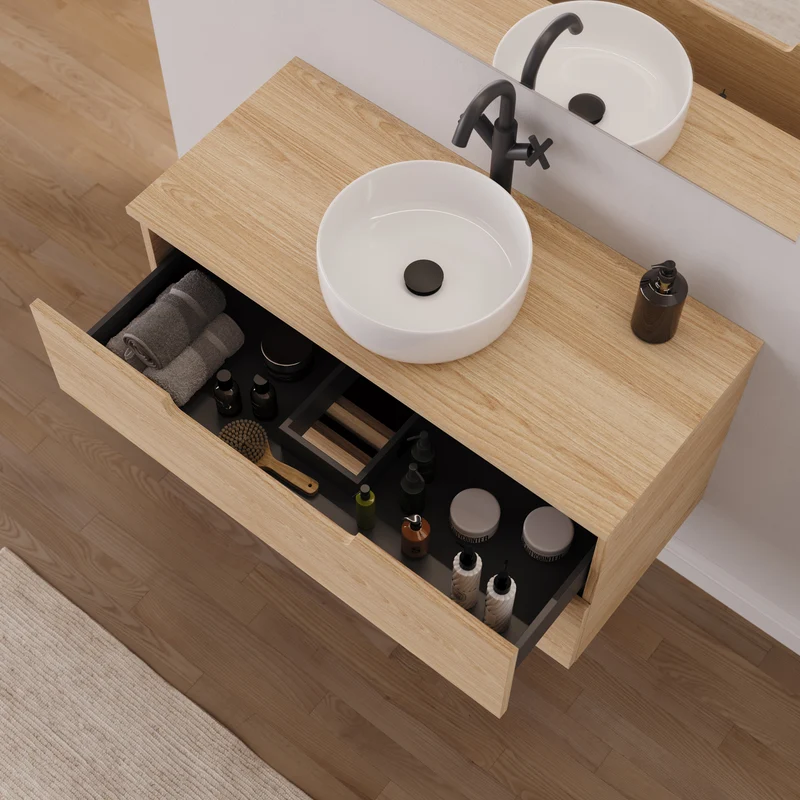 Meuble de salle de bain 90cm avec plateau et vasque à poser ronde - 2 tiroirs - SONRIZA