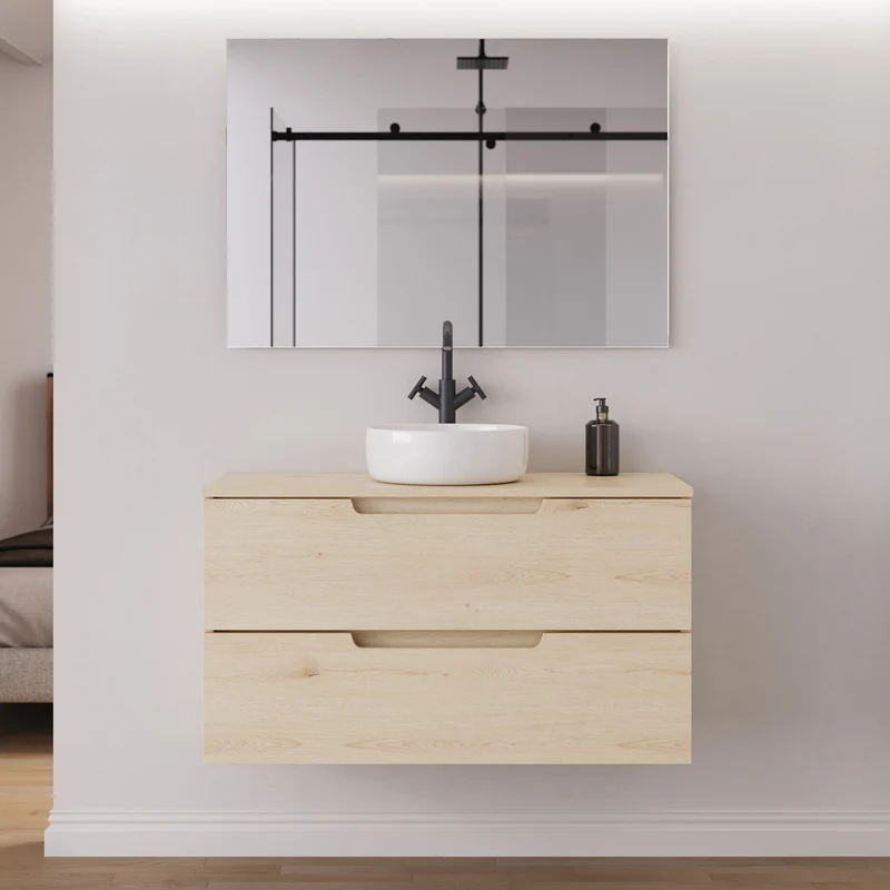 Meuble de salle de bain 90cm avec plateau et vasque à poser ronde - 2 tiroirs - SONRIZA