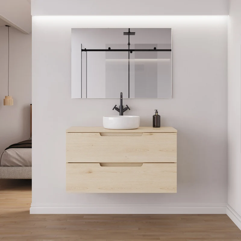 Meuble de salle de bain 90cm avec plateau et vasque à poser ronde - 2 tiroirs - SONRIZA