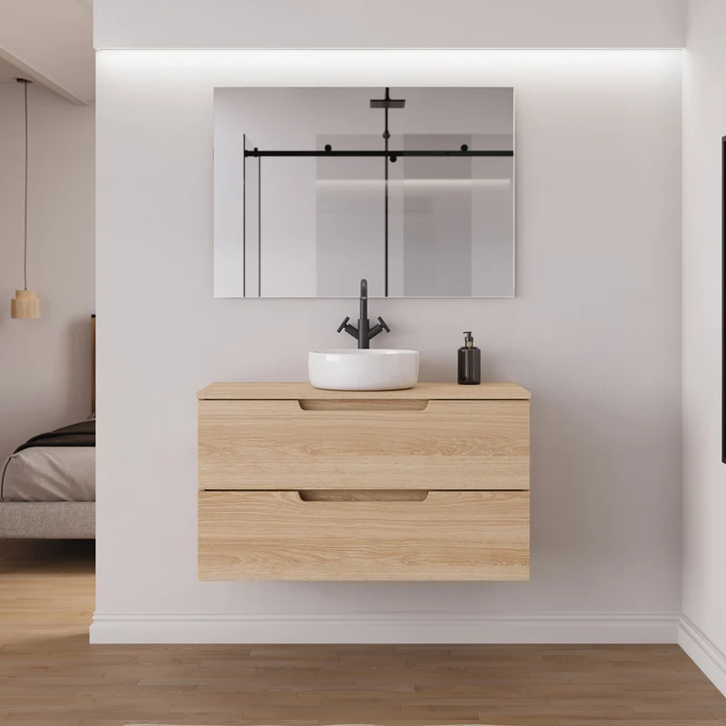 Meuble de salle de bain 90cm avec plateau et vasque à poser ronde - 2 tiroirs - SONRIZA