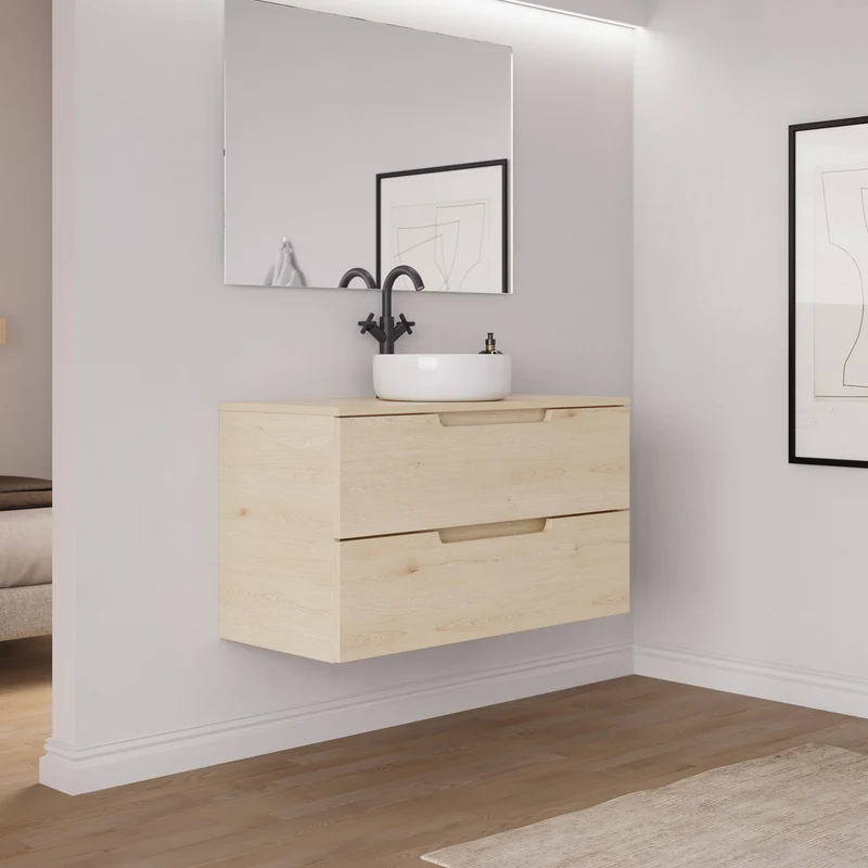 Meuble de salle de bain 90cm avec plateau et vasque à poser ronde - 2 tiroirs - SONRIZA