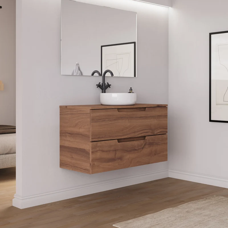 Meuble de salle de bain 90cm avec plateau et vasque à poser ronde - 2 tiroirs - SONRIZA