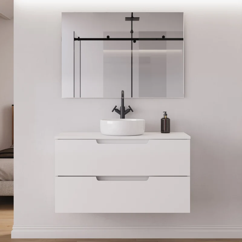 Meuble de salle de bain 90cm avec plateau et vasque à poser ronde - 2 tiroirs - SONRIZA