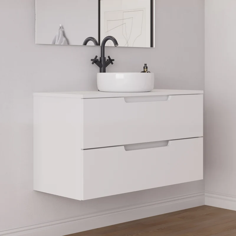 Meuble de salle de bain 90cm avec plateau et vasque à poser ronde - 2 tiroirs - SONRIZA